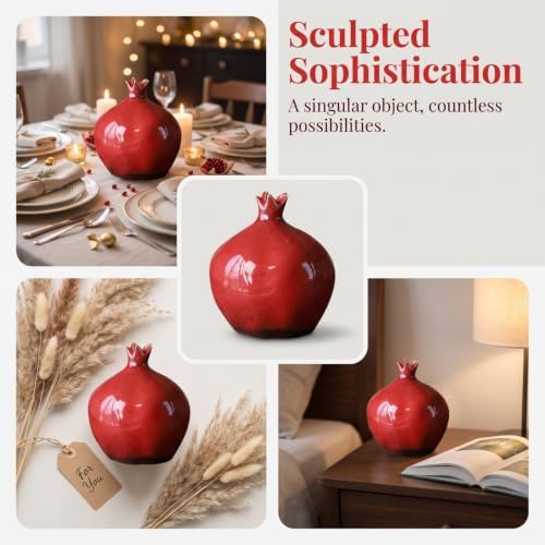 VOSAREA Glazed Ceramic Pomegranates Bud Vase, Pomegranate Home Decor Creative Flower Vase Fake Pomegranate Fruit Table Centerpiece Art Craft Ornament Housewarming Gift B, 12.50X9.50X9.50CM, Red - Image 6