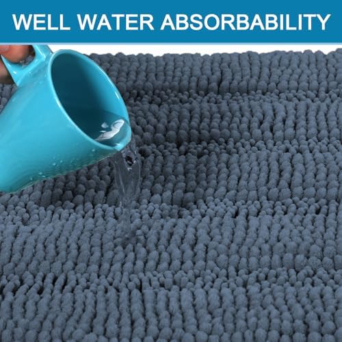 H.VERSAILTEX Bath Rugs for Bathroom Non Slip Bath Mats Thick Chenille Striped Bath Rug Runners 47" x 17" Absorbent Fluffy Soft Shaggy Mats Dry Fast Plush Area Carpet for Bath Room - Blue Indigo - Image 5