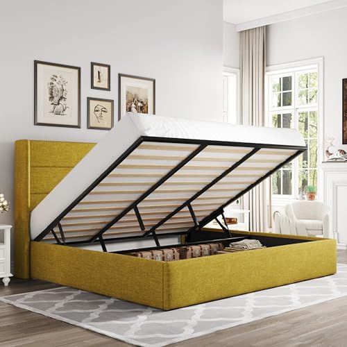Allewie King Size Lift Up Hydraulic Storage Bed Frame Olive Yellow by Allewie