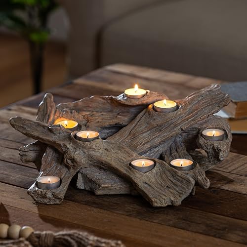 Plow & Hearth Faux Driftwood Fireplace Candle Holder, Resin Log Insert for Fireplace Decor, Holds 8 Fireplace Candles for Inside Fireplace, Coastal Beach Cozy Living Room Fireplace Decorations by PlowHearth