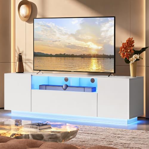 WLIVE LED TV Stand for 55/60/65 Inch TVs, Modern Entertainment Center with Storage Cabinets and Drawer, Gaming Media TV Console with RGB Lights for Living Room，Bedroom, White - Image 3