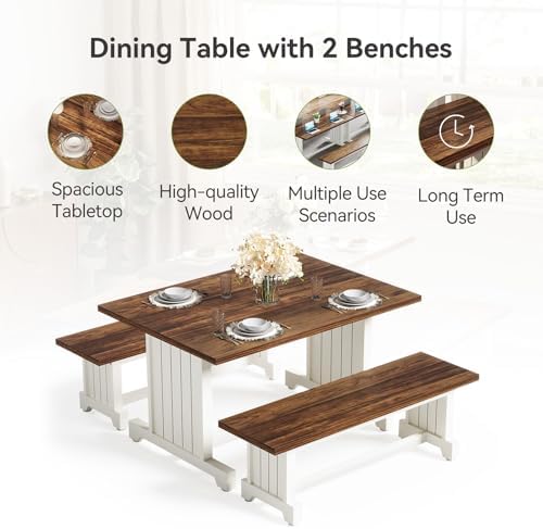 LITTLE TREE Dining Table Set for 4 with 2 Benches, Modern Kitchen Table with MDF Board, Space-Saving Dinette for Kitchen, Dining Room, Brown and White - Image 5