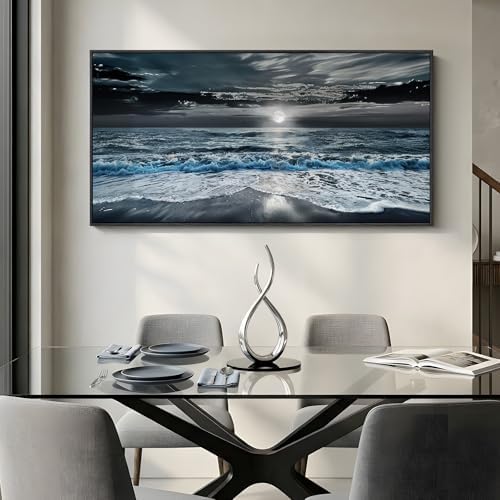 Large Framed Coastal Moonlight Ocean Wall Art for Living Room, 24x48 Inch - Image 4