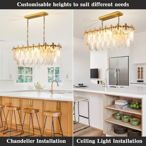 KELUOLY Rectangular Crystal Glass Dining Room Chandelier, 8 Light Gold Chandeliers Lighting Fixture, L33.5'' Height Adjustable Oval Ceiling Pendant Light for Office Coffee Over Table Kitchen Island - Image 6