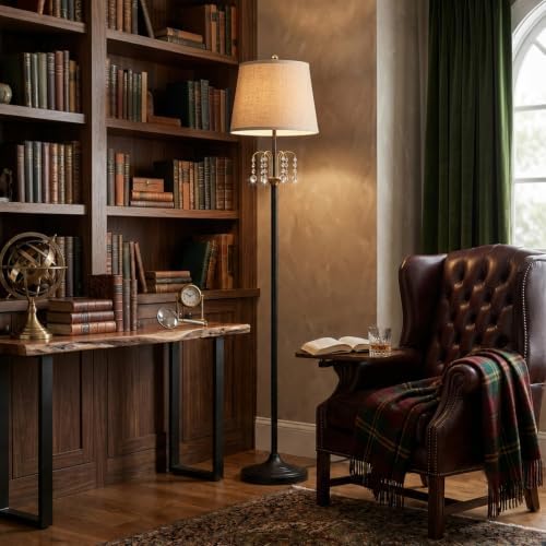 Hamilyeah Crystal Floor Lamp for Living Room, 64 Inch Tall Black and Gold Vintage Standing Lamp with Beige Linen Shade for Bedroom, Reading Nook, Office - Image 6