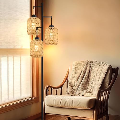 QIYIZM Floor Lamp for Living Room,Bedroom,Boho Rattan Tree 3 Lights Farmhouse Floor Lights,Industrial Black Standing Lamp Wicker Rustic Tall Lamp,Woven Bamboo LampShade Floor Lamps Bohemian - Image 6