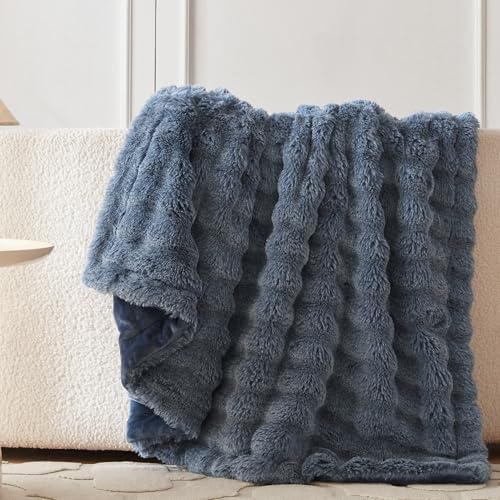 COOVA Soft Bubble Faux Fur Throw Blanket, 50"x60", Cationic Dark Blue - Image 3