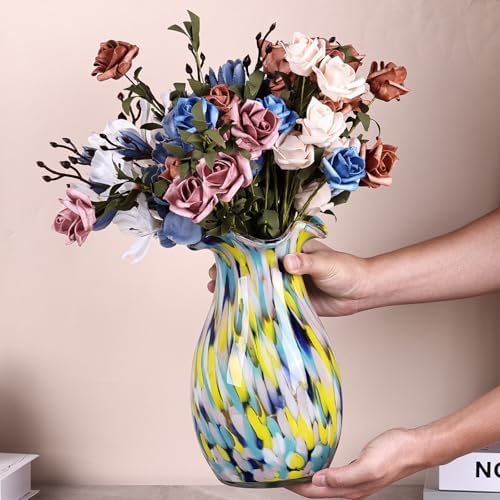 10.6in Hand Blown Blue Glass Vase – Wide Mouth Murano Bubble Art Glass Vase, Cobalt Blue Flower Vase for Coastal, Vintage, Colorful Home Decor, Vase Gift for Mom or Display (Colorful) - Image 3