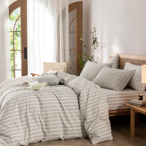 BESTOUCH Striped Cotton Duvet Cover Set Linen Feel Oversized King - Image 4