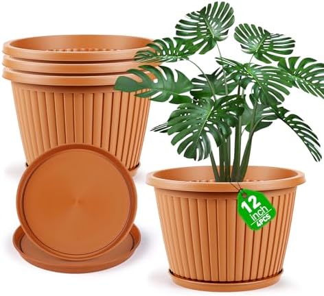 Large-Planter-Indoor-Outdoor Plant Pots, 12 inch 4 Pack Plastic Flower Pots with Saucer And Drainage Holes, Modern Garden Planters For Planting Medium Large Plants, Decorative Resin Garden Pots by Myfeegoin