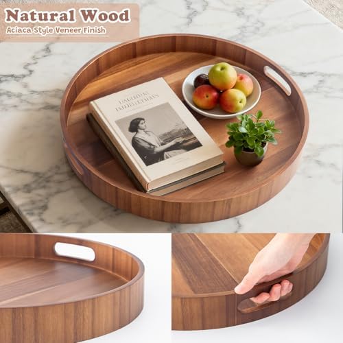 20 Inch Ottoman Coffee Table Tray with Handles, Large Round Wooden Serving Tray, Big Decorative Kitchen Organizer Giant Sofa Storage Trays Huge Counter Serveware - Image 3