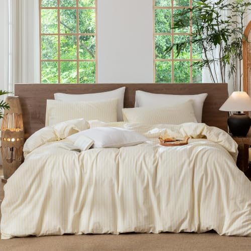 MooMee Striped Duvet Cover Set 100% Washed Cotton Linen Like King by MOOMEE