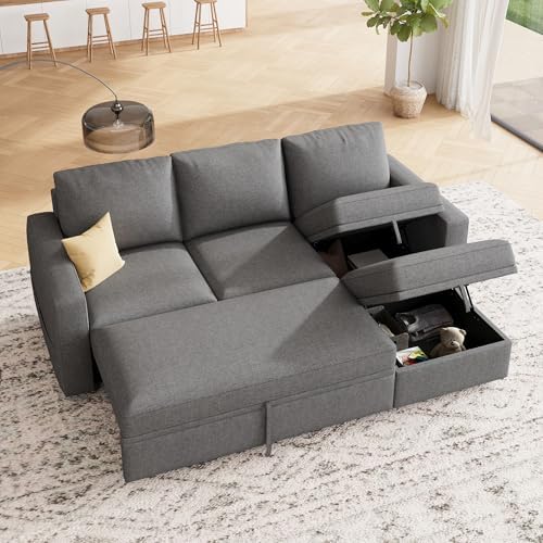 HONBAY Modular Sectional Sleeper Sofa with Pull Out Bed, L Shaped Couch with Storage Seat, Modular Sectional Couches for Living Room - Dark Grey - Image 4