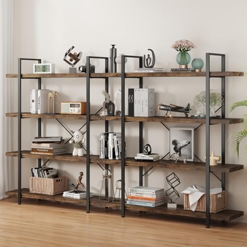 2PCS Heavy Duty 4 Tier Industrial Bookcase for Home Office, Rustic Brown by OtterOasis