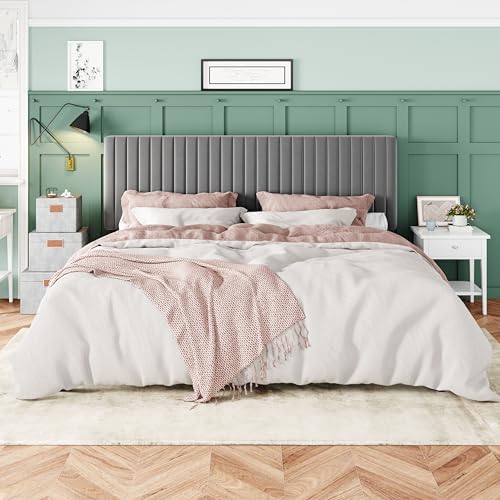 Allewie King Bed Frame, Velvet Upholstered Platform Bed with Adjustable Vertical Channel Tufted Headboard, Mattress Foundation with Strong Wooden Slats, Box Spring Optional, Easy Assembly, Grey - Image 3