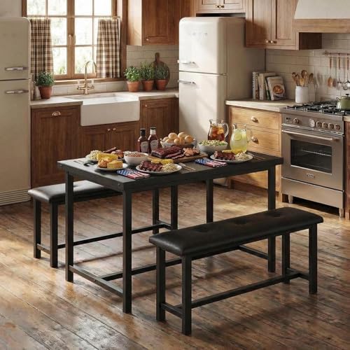 GarveeHome Dining Table Set for 4, Kitchen Table with 2 Upholstered Benches, Wood Kitchen Dining Room Set, for Small Space, Apartment, Home, Dinner, Retro Black - Image 2