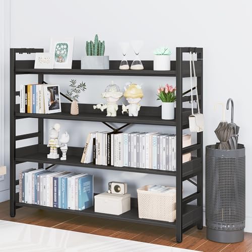 HCHQHS Bookshelf, Adjustable Industrial Bookcase, Vertical Tall Book Shelf, Wood and Black Metal Open Bookshelves for Home Office, Living Room, Bedroom (Black, 4-Tier (47" W x 44" H)) - Image 7