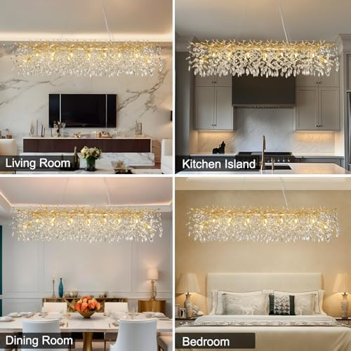 60" Modern Crystal Chandelier, 16-Light Gold Tree Branch Chandelier for Dining Room, Luxury Rectangular K9 Crystal Raindrop Chandeliers Light Fixture for Kitchen Island, Living Room, Foyer, Bedroom - Image 2