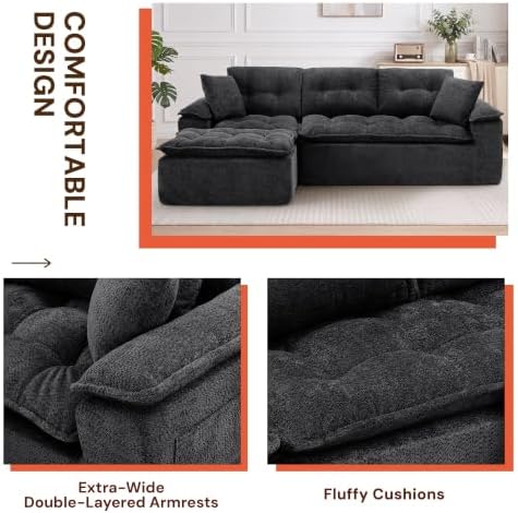 Korser 110" Cloud Sectional Boneless Couches for Living Room, Modern Modular Sectional Sofa with Ottoman, Cloud Couch with Comfy Deep Seats, Tufted Chenille L-Shape Sofa Couch for Living Room, Black - Image 5