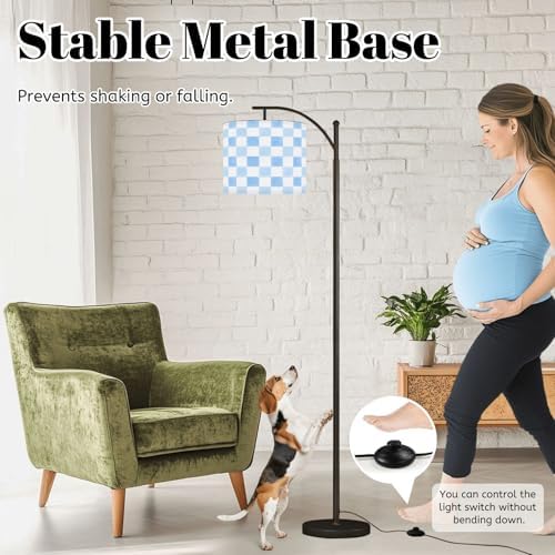 Arc Floor Lamp Blue Watercolor Gingham Checkered Soft Shades Blue White Dimmable Modern Standing Lamp with Remote Adjustable Drum Shade Footswitch Tall Pole Lamp for Living Room Bedroom - Image 4