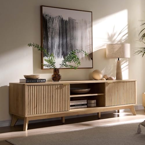 OKD 70" Mid Century Modern Fluted TV Stand w/ 2 Soft Close Door,Natural Oak - Image 6