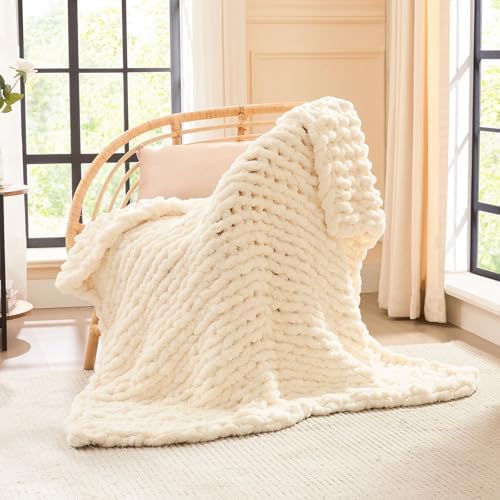 L'AGRATY Chunky Knit Throw Blanket for Couch, 40'' x 50'' Knit Throw, Ivory by LAGRATY