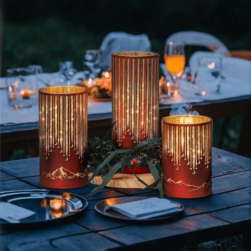 Starry Night Elegant Hurricane Candleholders with LED Flickering Lights & Remote Timer, Decorative Glass Hurricanes for Indoor Table Centerpieces & Year-Round Home Decor, Set of 3 (Red) - Image 6