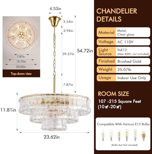 23in Large Chandelier Gold, Modern Dining Room Light Fixtures, 3 Layer Luxury Glass Chandelier 9 Light Chandeliers for Dining Room Kitchen Island Living Room (Clear Glass) - Image 5