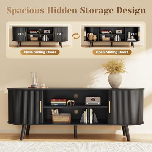 PRAISUN 54 Inch Fluted TV Stand for TVs up to 55 Inch, TV Media Console with Power Outlets and USB-C Port, Entertainment Center with Storage, Curved Sliding Doors, Adjustable Shelf, Black - Image 5