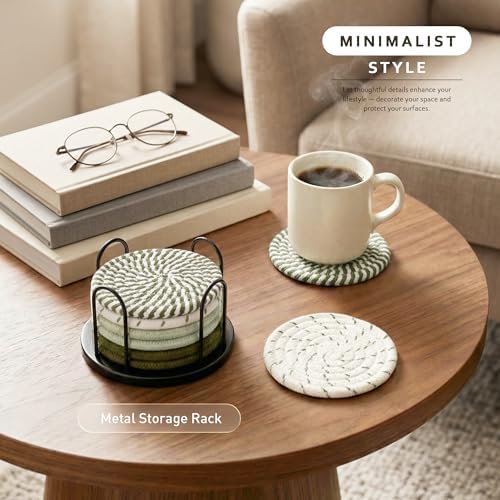 Lazebox Coasters Set of 8 for Drinks, 4 Inch Large Coasters for Coffee Table, Tabletop Protection for Hot & Cold Drinks, Versatile Coasters for Home Decor, Non-Slip & Easy to Clean, Olive Green - Image 2
