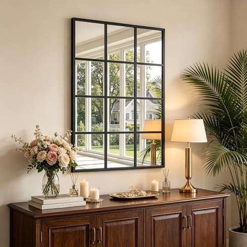 Dewfig Rectangle Wall Mirror, 47"x30" Metal Frame Windowpane Mirror, Black by YourSpacePerfectlyReflected