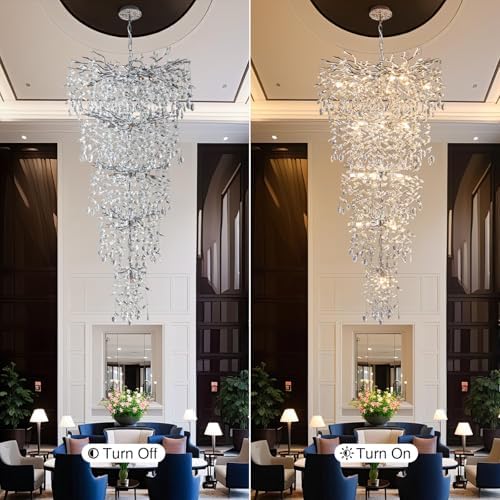 118" Large Crystal Chandelier for High Ceiling, 28-Light Silver Tree Branch Chandelier for High Ceilings, Staircase, Foyer, Entryway, Living Room, Luxury Long K9 Crystal Raindrop Tiered Chandeliers - Image 3