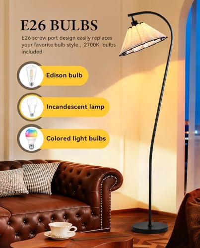 Floor Lamp with Pleated Linen Lampshade, Modern Flower Floor Lamp for Living Room Arc Standing Lamp, Gold Tall Lamp for Bedroom Office Dining Room, Bulb Included (Black + Black, 66.1IN) - Image 3