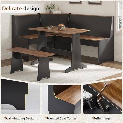LUXOAK 3-Piece Corner Dining Set with Hidden Storage, Black Oak - Image 3