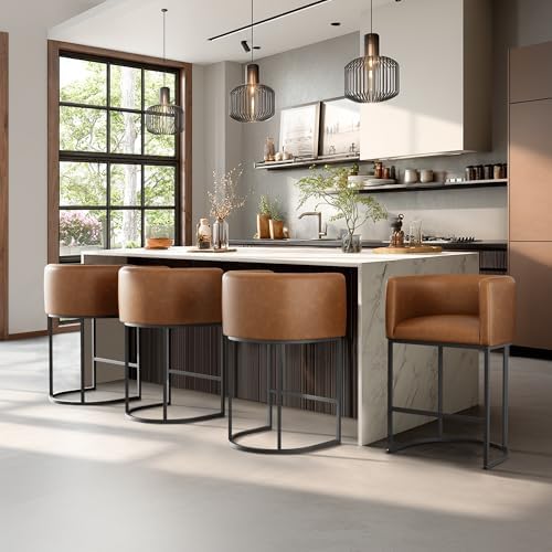 Counter Height Bar Stools Set of 4, Modern Counter Stools for Dining Room, 24 Inch Barstools for Kitchen Island, Faux Leather Bar Stool with Metal Legs and Back Footrest, Brown by KRAMZMINGQualityHome
