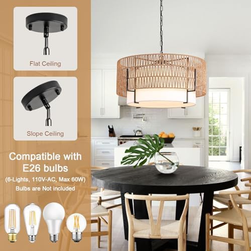 6-Light Large Rattan Chandelier for Dining Room, 25.6" Boho Pendant Light - Image 3