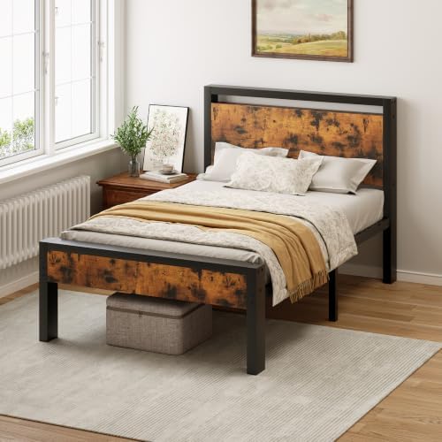 Sweetcrispy Twin 14 Inch Bed Frame with Wood Headboard, Rustic Brown by Sweetcrispy