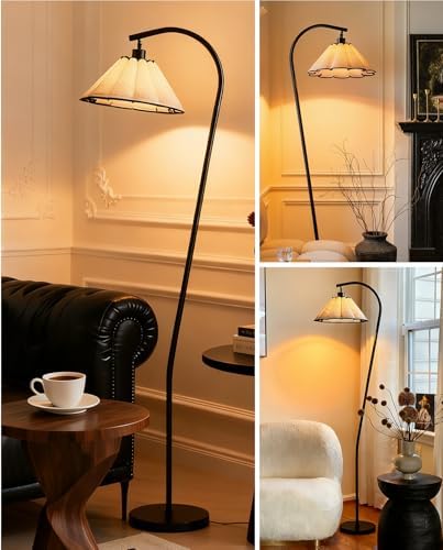 Floor Lamp with Pleated Linen Lampshade, Modern Flower Floor Lamp for Living Room Arc Standing Lamp, Gold Tall Lamp for Bedroom Office Dining Room, Bulb Included (Black + Black, 66.1IN) - Image 6