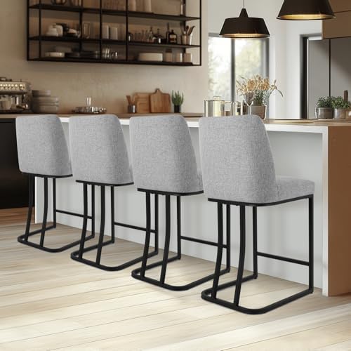 Counter Height Bar Stools Set of 4, 24 Inch Seat Height Bar Chairs for Kitchen Island, Linen Fabric Upholstered Barstools with Metal Feet for Dining Room, Gray by KRAMZMINGQualityHome