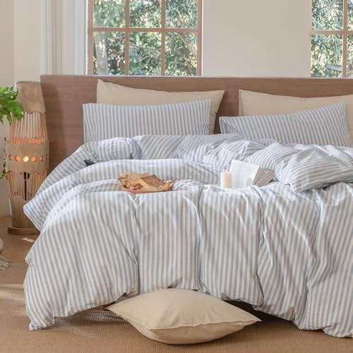 MooMee Striped Duvet Cover Set 100% Washed Cotton Linen Like Oversized Full - Image 6