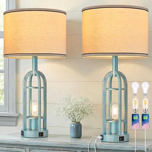 SRJJA 24" Farmhouse Table Lamps for Living Room Bedroom Set of 2, USB A+C by SRJJA