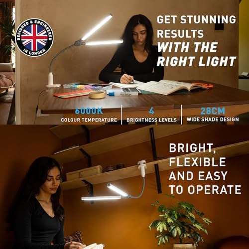DuoPro Clamp LED Lamp - 6,000K Daylight, 2,100 Lux at 12", 4 Brightness Levels, Anti-Glare Shades, Adjustable Arm, Slim Design, Perfect for Sewing, Reading, Crafts, Beauty Treatments - Grey/White - Image 5