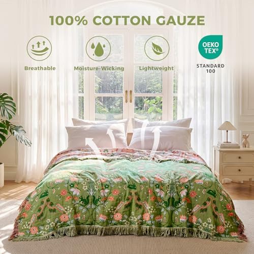 LUTBM Boho Throw Blanket for Bed 60"x80", 100% Cotton Green Couch Blankets - Image 3