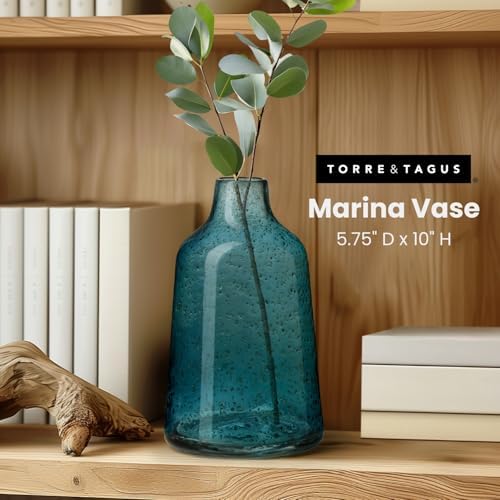 Torre & Tagus 10 Inch Tall Blue Glass Vase with Gold Flakes, Mouth Blown Glass Vase Blue Flower Vase Centerpieces, Watertight for Hydroponic Plants, Coastal Decor Accents (Marina) - Image 2