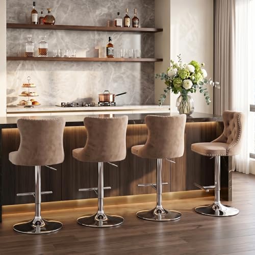 SoarFlash Velvet Bar Stool Set of 4, Adjustable Swivel Bar Stools with Silver Plated Metal Leg, Button Tufted, Footrest, Chrome Nailhead, Counter Height Chair for Kitchen, Bar, Dining Room (Khaki) - Image 4