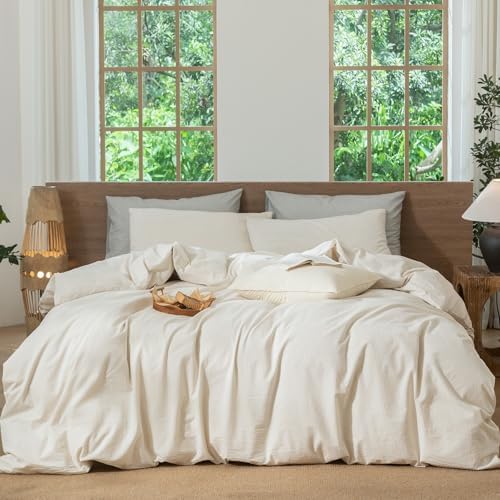 MooMee Striped Duvet Cover Set 100% Washed Cotton Linen Like by MOOMEE