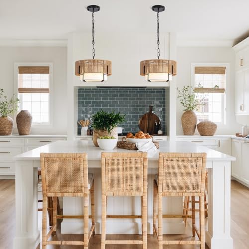 12.6" Rattan Pendant Light, Boho Chandelier Hanging Light Fixture - Image 5