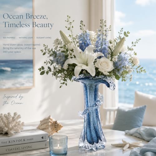 Blue Blown Glass Vase, Modern Art Hand Blown Coastal Vase,Beautiful Unique Ocean Wave Centerpieces for Living Room, Bedroom, Office Desktop,Coffee Table and Wedding Decorative (Blue, L) - Image 6