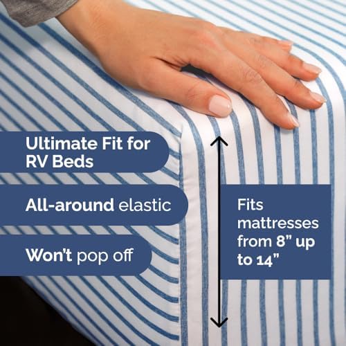 Short Queen Size 4 Piece Bed Sheet Set - RV Short Queen - Blue Stripes - Image 3