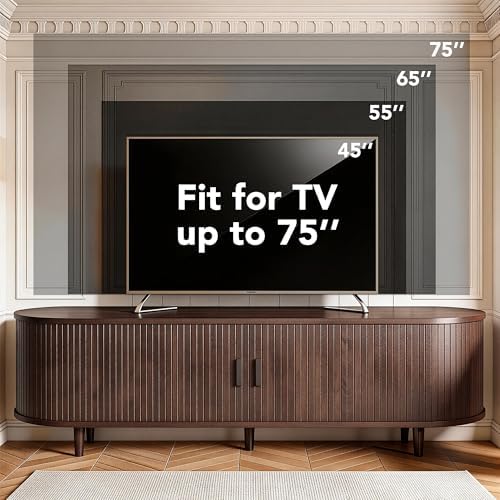 MXV 65" TV Stand with Sliding Doors for Living Room, Mid Century Modern Entertainment Center, TV Console with Fluted Door Cabinets and Power Outlet, Walnut - Image 7
